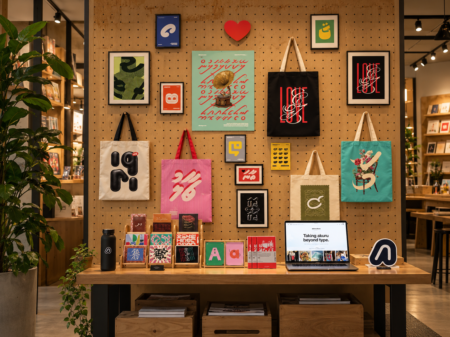 Thaana art, tote bags, posters and postcards displayed in the Akuru studio