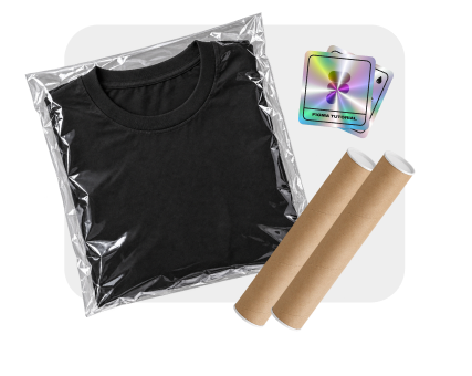A packaged T-shirt, colourful stickers and mailing tubes